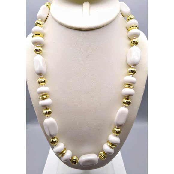 Vintage White Lucite Beaded Necklace with Gold Tone Spacers for a Classic Neutra - Picture 1 of 4